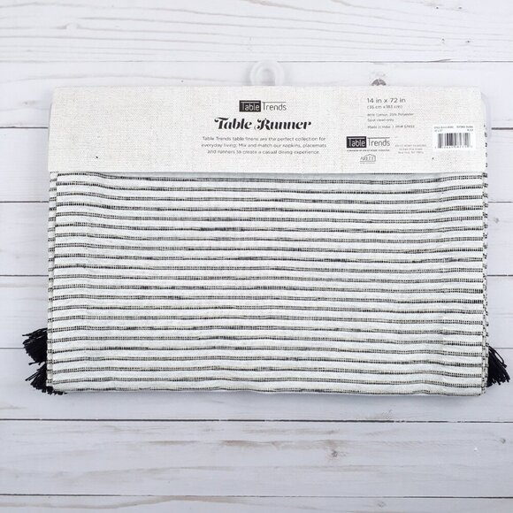 Table Runner 14x72 Textured Ticking Black White Stripe Fringe - Picture 2 of 2